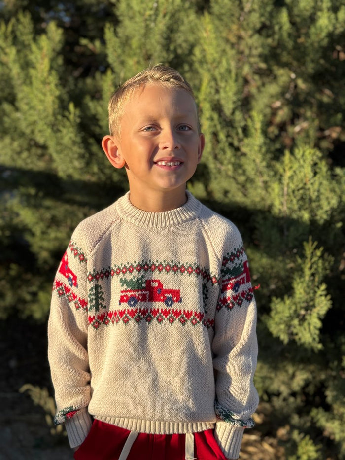 Child wearing Christmas sweater