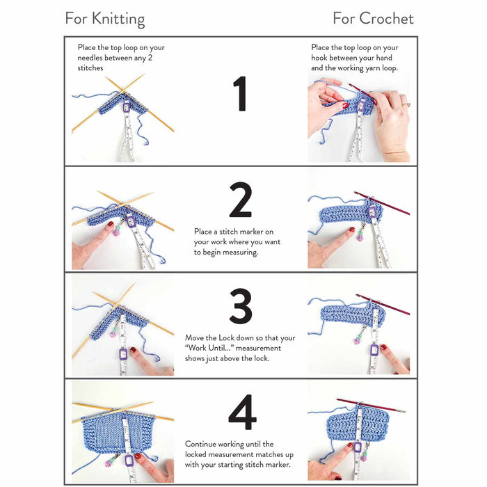 How to use a Work Until measuring tape instructional diagram with three steps showing placement on needles, setting the slider to desired length, and knitting until you reach the slider
