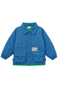 Blue children's jacket with green accents on a white background