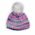 Multicolor pink purple and mint knitted Wrapped Together beanie hat with white sparkle faux fur pom pom