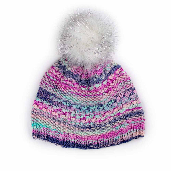 Multicolor pink purple and mint knitted Wrapped Together beanie hat with white sparkle faux fur pom pom