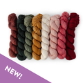Eight mini skeins of Yarnaceous Storybook DK Doodle yarn in fairy tale-inspired colorways arranged in a row on a white background with a purple NEW banner in the lower left corner