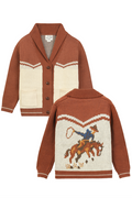 brown and beige cardigan with a horse and rider design on a white background