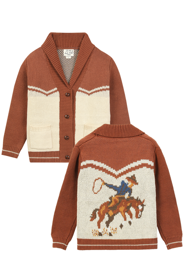 brown and beige cardigan with a horse and rider design on a white background