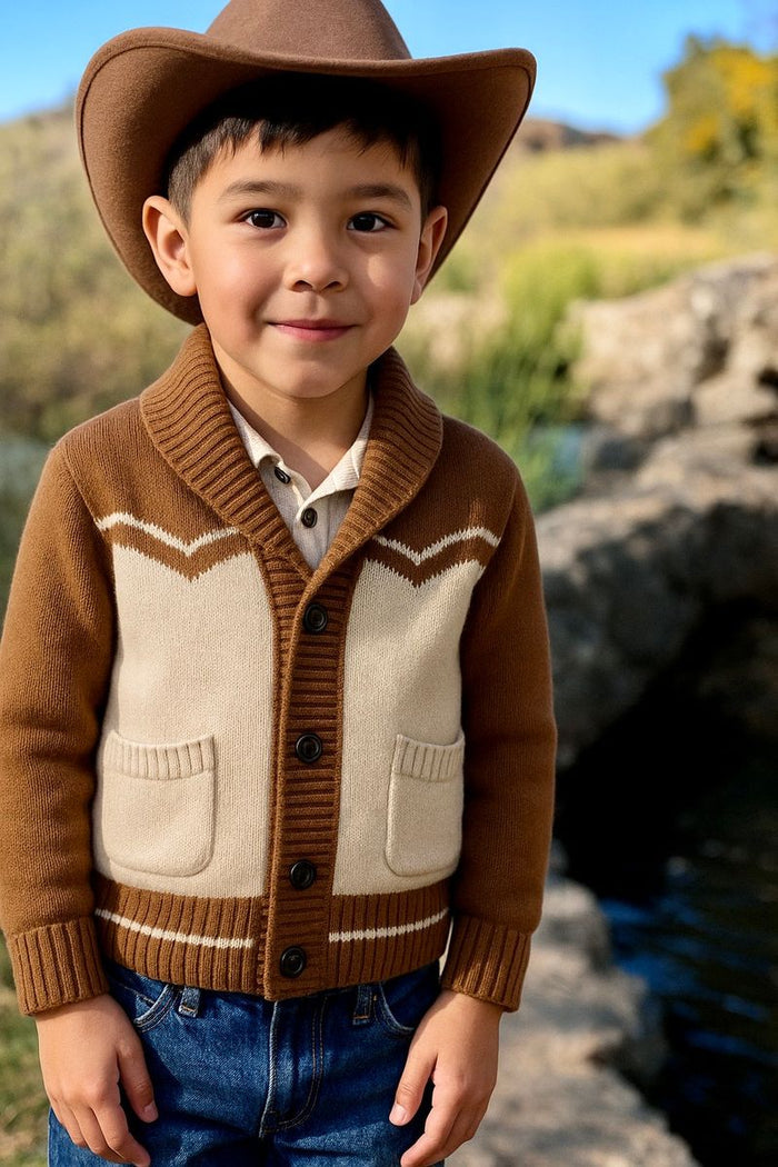 Child wearing cardigan and cowboy hat