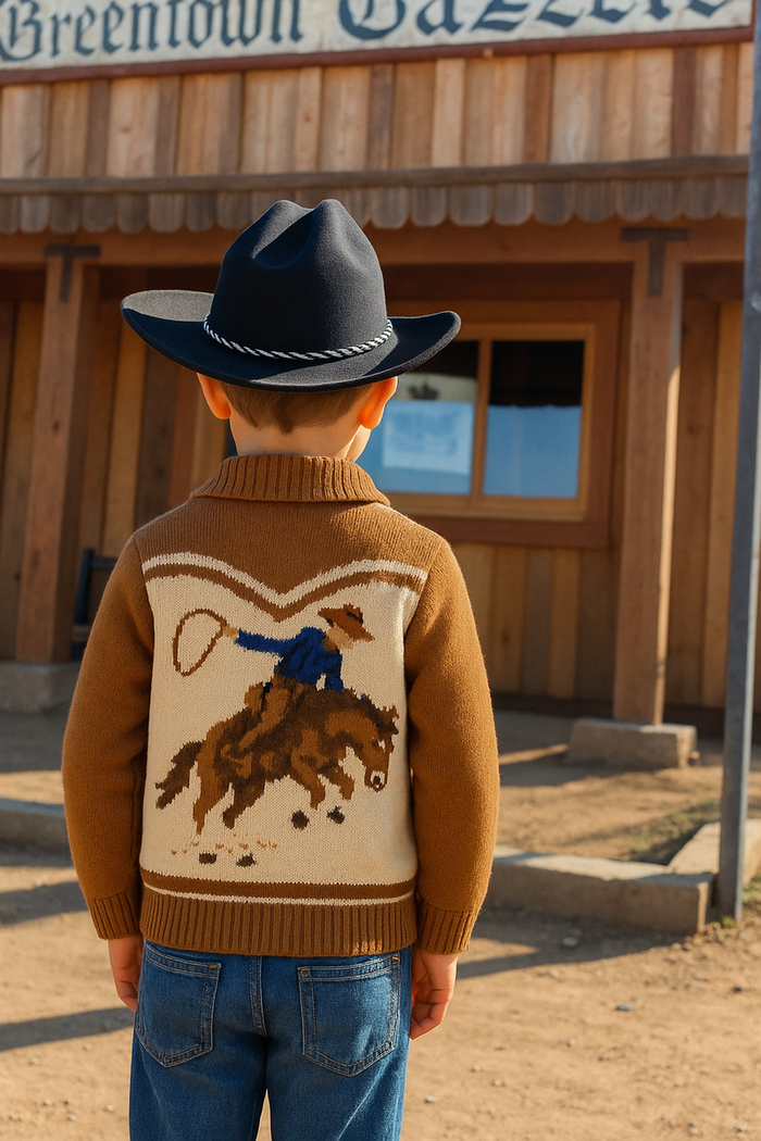 Child wearing a brown sweater with a cowboy design, standing in front of a wooden building.