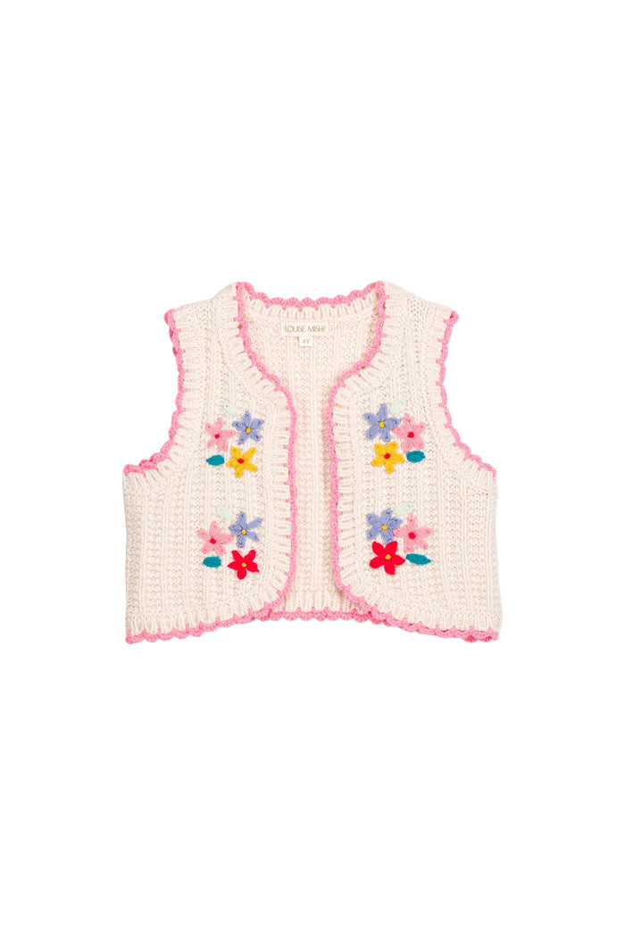 A cream-colored knit vest with pink trim and colorful embroidered flowers, shown flat on a white background.