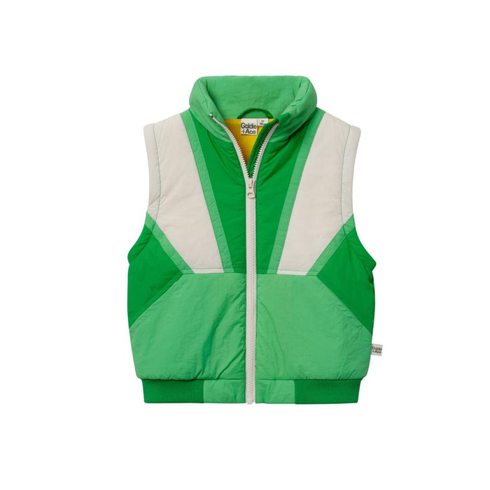 Green and white quilted vest on a white background