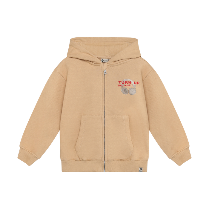 beige zip hoodie with "TurnUp the Music" and headphones graphic on left upper side on white background.
