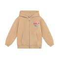 beige zip hoodie with "TurnUp the Music" and headphones graphic on left upper side on white background.